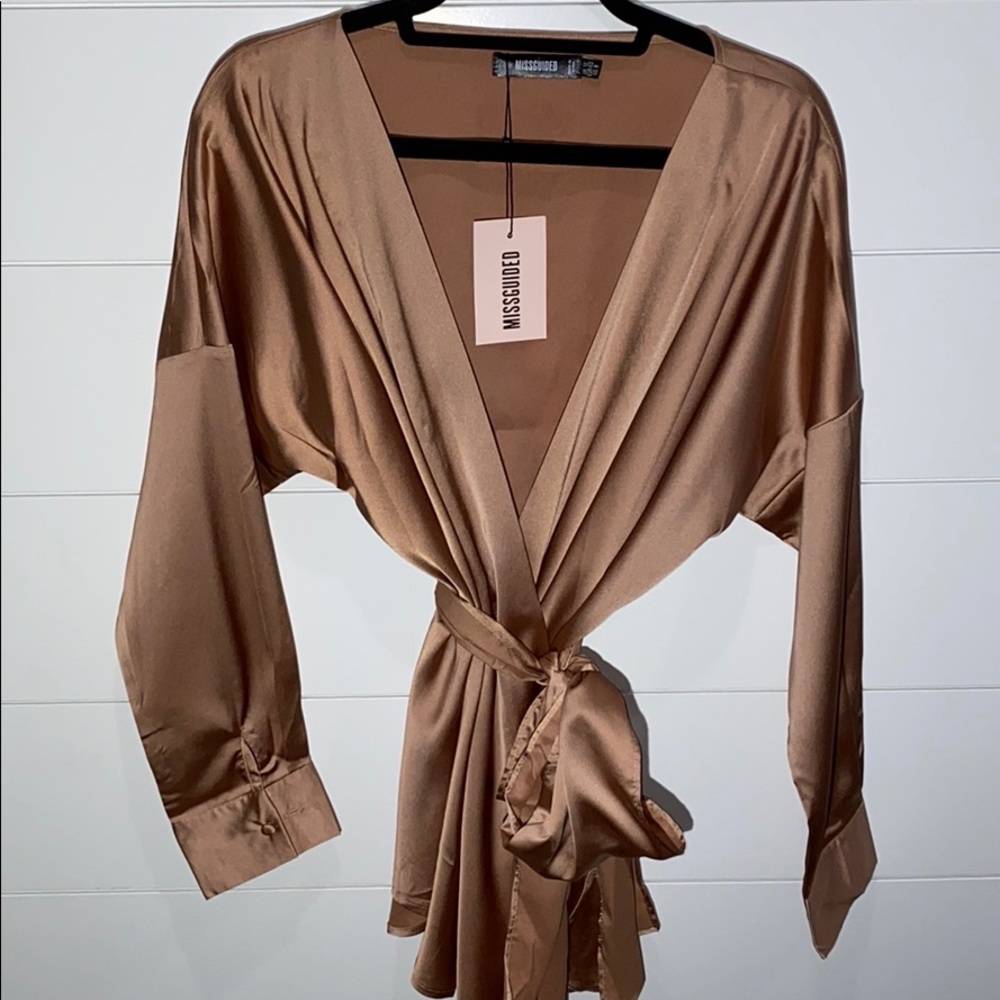 Missguided Oversized Satin Plunge Tie Waist Blouse